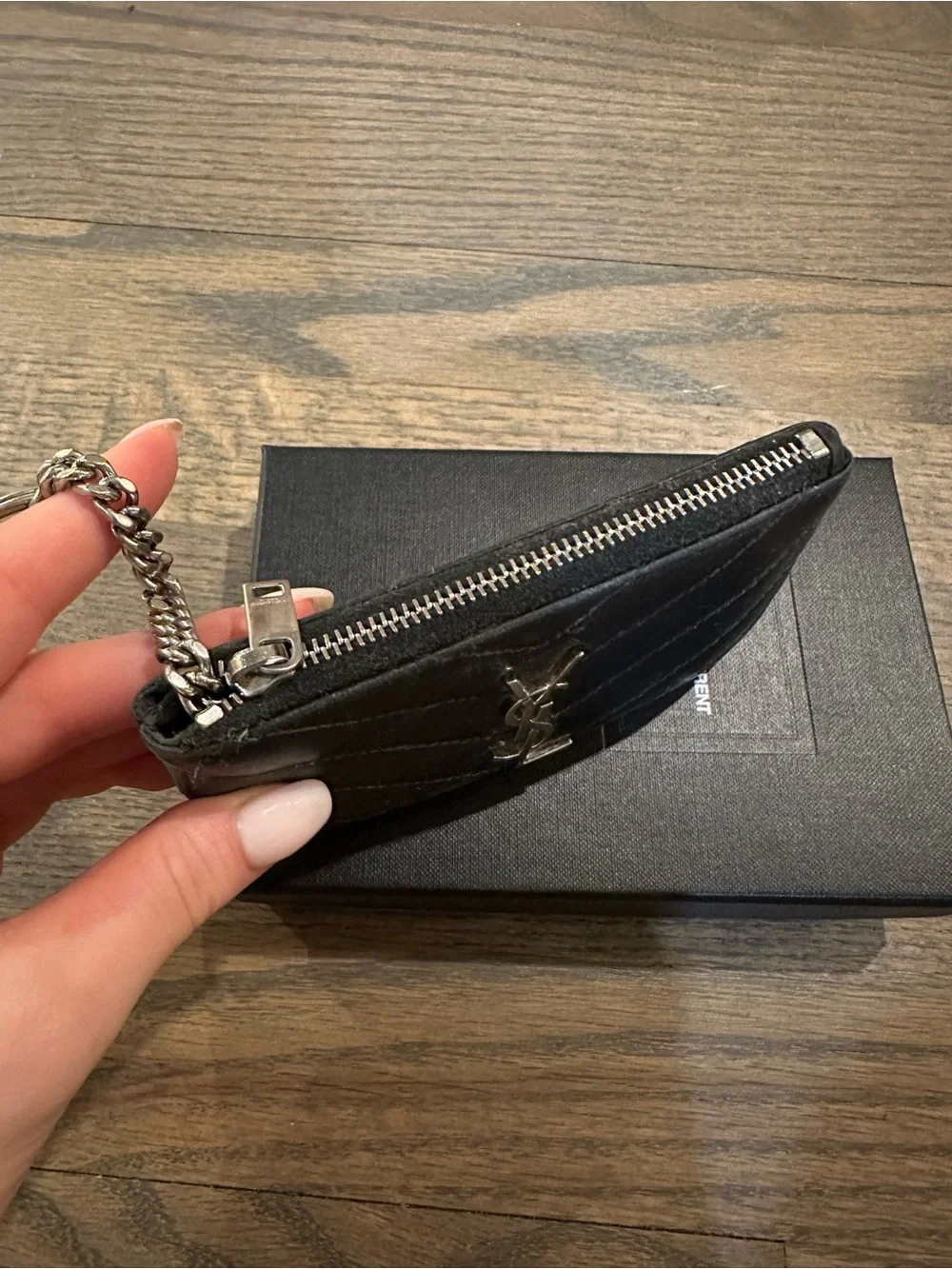 Saint Laurent Black Quilted Leather Key Pouch with Silver YSL Chain